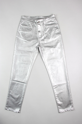 การเคลือบผ้า PU denim สําหรับผู้หญิง กางเกงยีนส์เสื้อเสื้อสีเงินสีทองสีน้ําเงินสีชมพูสีพิเศษ ผลิตในจีน
