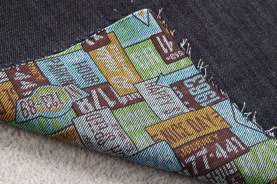 ราคาดี ผ้าเดนิมสิ่งทอลายทแยงขนาด 13oz พิมพ์ลายใบหน้าและด้านหลังที่กำหนดเอง ออนไลน์